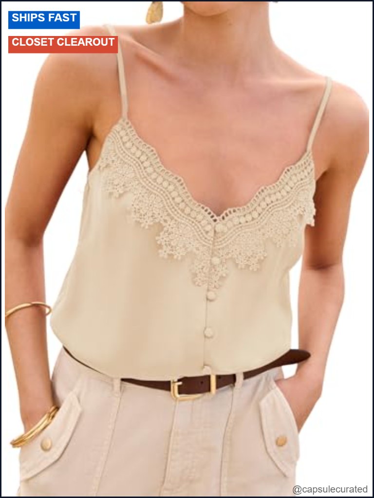 Satin Lace Trim Buttoned Cami Spaghetti Strap Tank Top